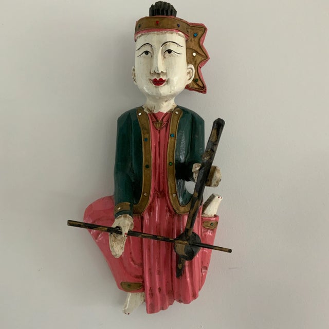 Vintage Thai Carved Wooden Musician Sculptures With Jeweled Robes- Set of 2 For Sale - Image 9 of 13
