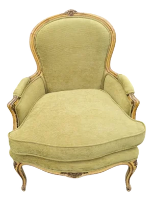 1920s Antique French Louis XV Style Green Upholstered Bergère Chair – Carved Wood Frame