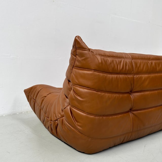 Brown French Togo Sofa in Dark Cognac Leather attributed to Michel Ducaroy for Ligne Roset For Sale - Image 8 of 12