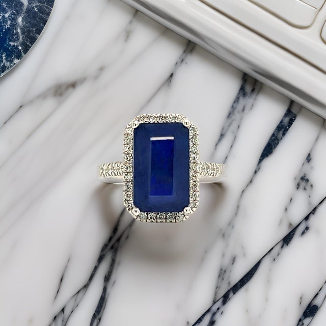 Traditional Sapphire Diamond Ring Size 6.25 14k Gold 6.84 TCW Certified For Sale - Image 3 of 13