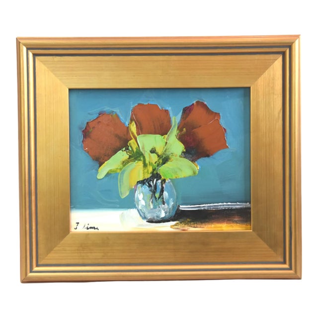 Red Bouquet of Flowers Oil Painting Including the Antiqued Gold Wood Frame For Sale