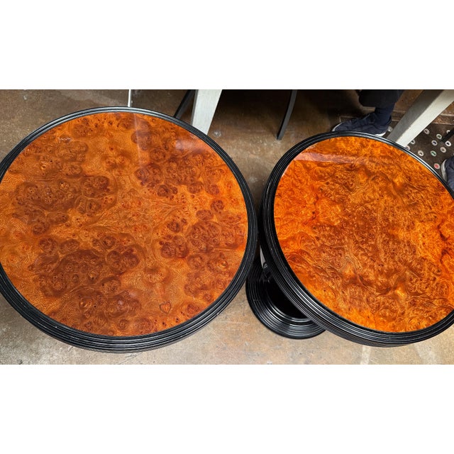 French Art Deco Ebonized Round Side Table With Burl Walnut Top - Two Available For Sale - Image 10 of 11