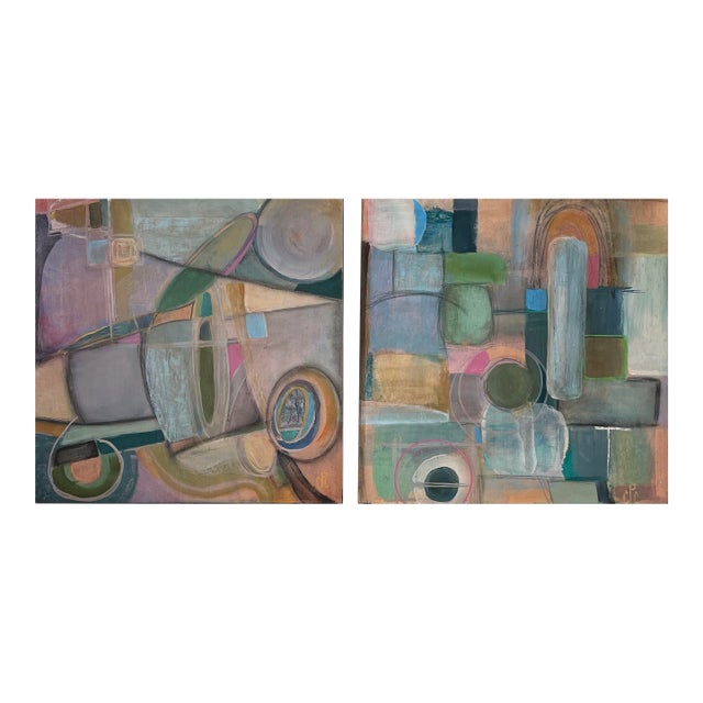 Set of 2 Original Abstract Paintings, Acrylic and Ink on Wood Panels. For Sale