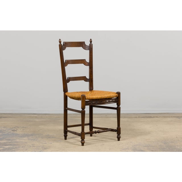 Wood Antique French Louis XVI Style Ladder Back Walnut Dining Chairs W/ Rush Seats - Set of 8 For Sale - Image 7 of 18