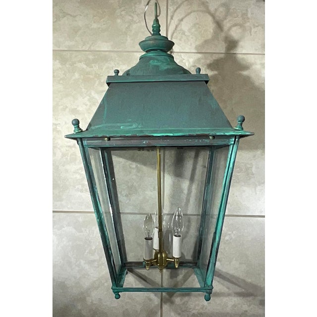 Antique Restored Copper & Brass Hanging Lantern, Hexagonal/Square Fixture For Sale - Image 13 of 14