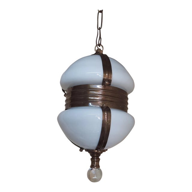 Vintage 1940s Art Deco Brass Hanging Light with Milk Glass Shade For Sale