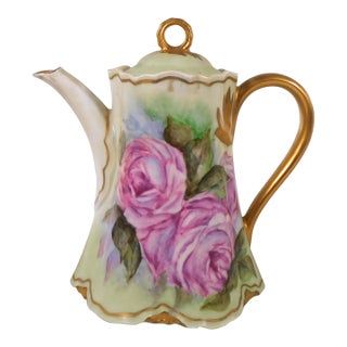 1940s Signed Hutschenreuther Coffee Pot With Pink Flowers For Sale