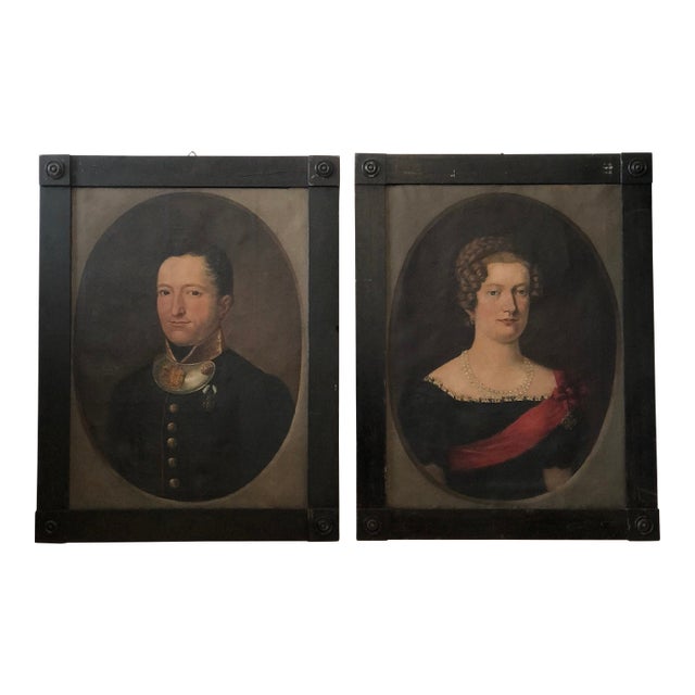 Antique Original Portraits: 19th Century Gentleman and Lady Paintings - a Pair For Sale