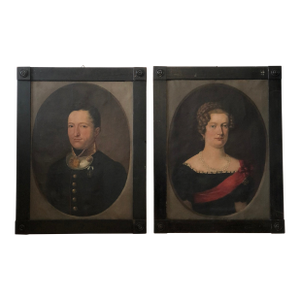 Antique Original Portraits: 19th Century Gentleman and Lady Paintings - a Pair