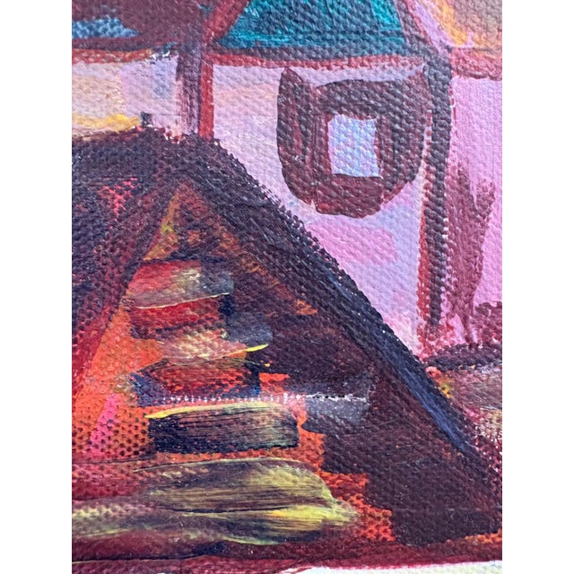 Folk Art 1970s Colorful Village Scene, Signed Original Painting by Sea Marked 4 of 7 For Sale - Image 3 of 4