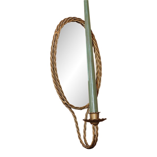 Vintage Hollywood Regency Oval Mirrored Gold Rope Candle Sconce For Sale