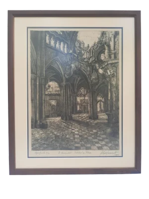 1948 "Aguafuerte" Etching of the Cathedral of Toledo in Spain by Lola De Lusarreta, Framed