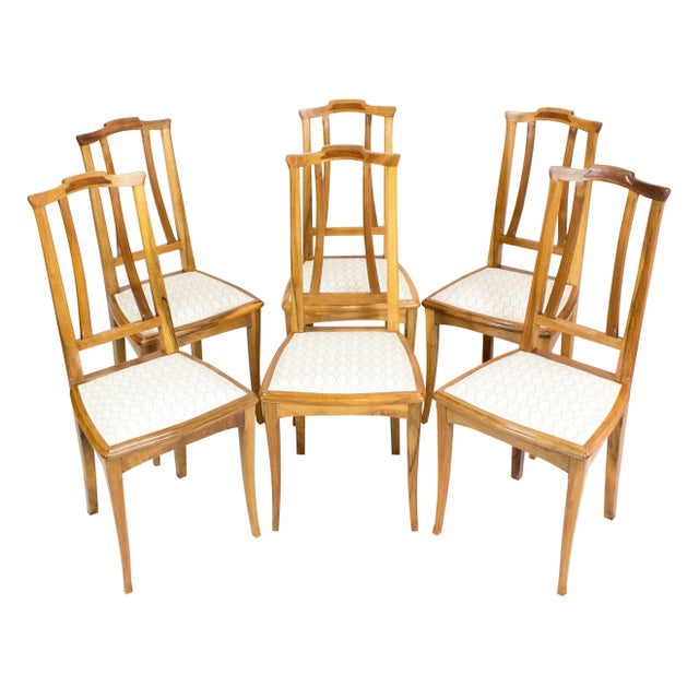 Set of six chairs, Art Nouveau circa 1900, solid walnut. The chairs were new reupholstered and covered with new fabric. In...