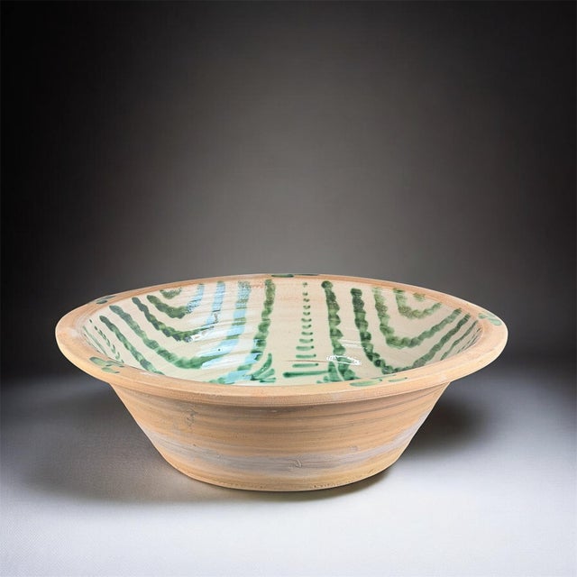 Large Spanish handmade and painted white and green glazed terracotta "Lebrillo" earthenware bowl in the style typical of...