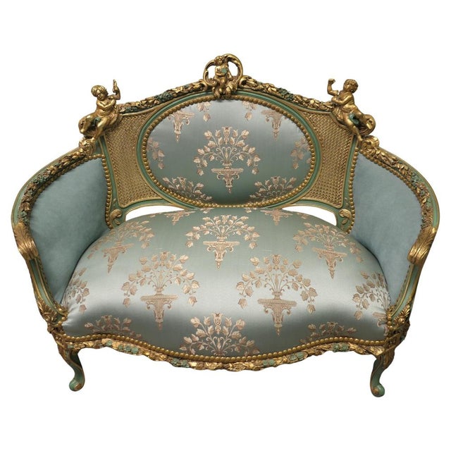 Blue French Green and Gold Boudoir Sofa in Silk For Sale - Image 8 of 8