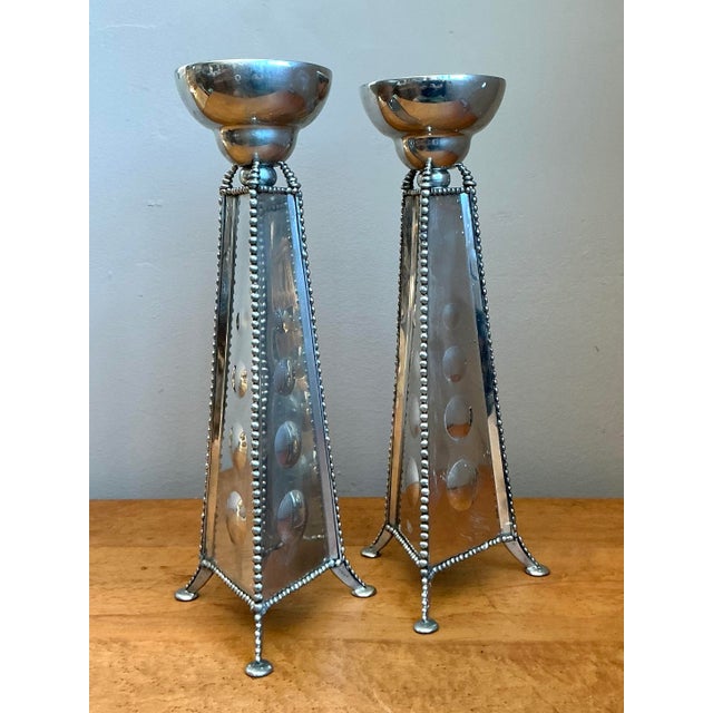 Vintage 1994 Signed Mirrored Candlestick Holders - A Pair For Sale - Image 4 of 12