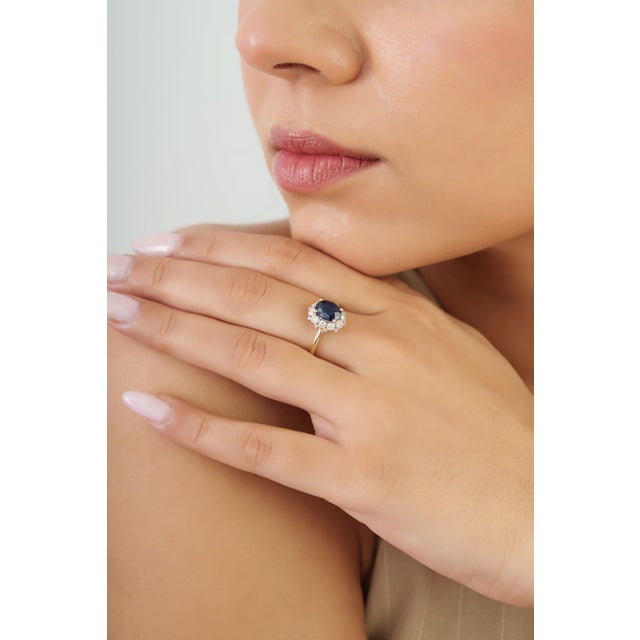 Not Yet Made - Made To Order VRJewels 1.55ct Blue Sapphire Diamond Halo Ring Size 5 in 14k Yellow Gold For Sale - Image 5 of 14