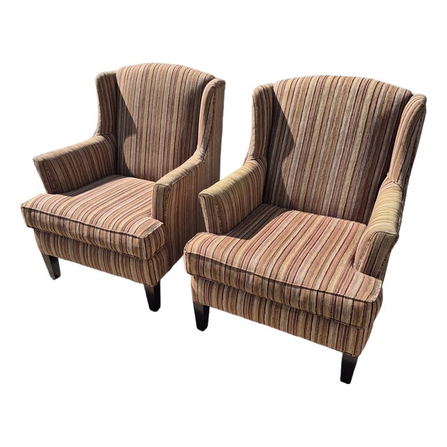 2010 Stratford Caye Large-Scale Modern Wingback Arm Chairs Brown Striped Upholstery - A Pair For Sale