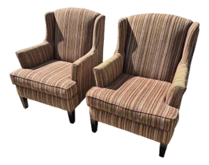 2010 Stratford Caye Large-Scale Modern Wingback Arm Chairs Brown Striped Upholstery - A Pair