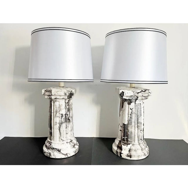 1970s 1970s Marbled Column Lamps & Shades - A Pair For Sale - Image 5 of 15