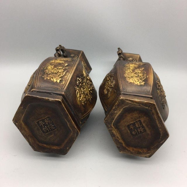 Chinese Pair of Chinese Gilt Bronze Hexagonal Vases With Phoenix & Peony Motif For Sale - Image 3 of 8