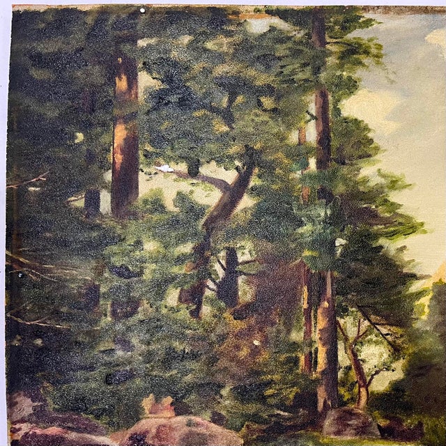 American Sentinel Rock Through Pines Yosemite Oil on Board - After Thomas Moran Circa 1915 For Sale - Image 3 of 12
