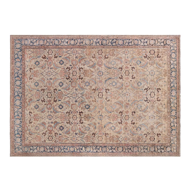 Neutral Beige Soft Blues and Pinks 1920s Persian Malayer Rug For Sale