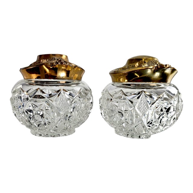 Early 20th Century Art Nouveau Cut Crystal & Gilt Copper Dresser Jars, Pair For Sale