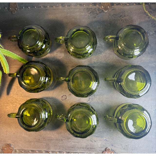1960s Vintage Mid-Century Modern Indiana Glass Kings Crown Thumbprint Avocado Green Coffee / Punch Cups Set of 9 For Sale - Image 5 of 5