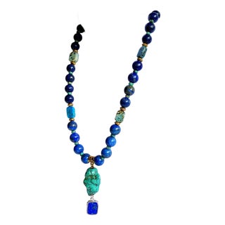 One-of-a-Kind Lapis Lazuli & Turquoise Statement Necklace | Vintage Turquoise Pendant | Artisan Bohemian Luxury Jewelry For Sale