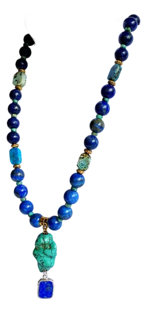 One-of-a-Kind Lapis Lazuli & Turquoise Statement Necklace | Vintage Turquoise Pendant | Artisan Bohemian Luxury Jewelry