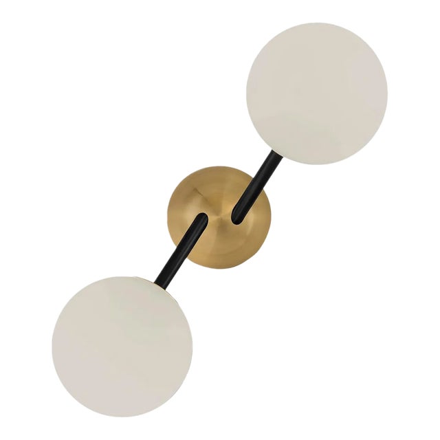 Satin Black With Brushed Brass and Matt Opal Glass Wall Light For Sale