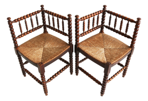 Antique Rush-Seat Oak Corner Side Chairs, 1890s, Set of 2