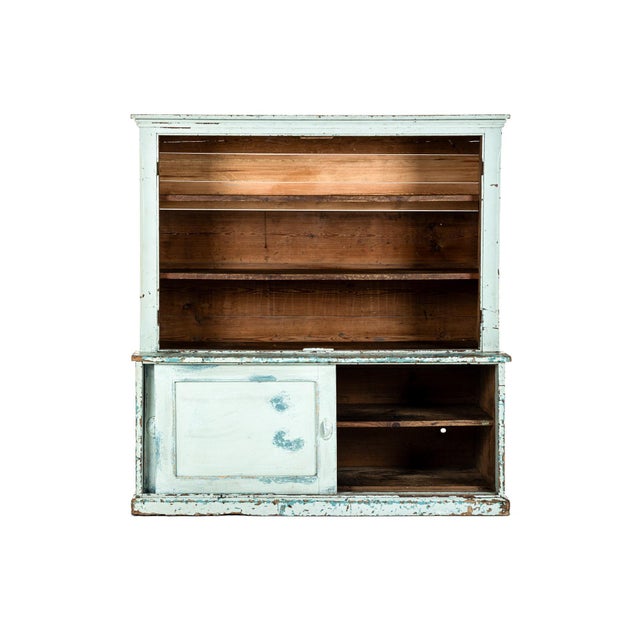 A charming Victorian pine house keepers cupboard or open dresser finished in a chippy painted turquoise finish. The open...