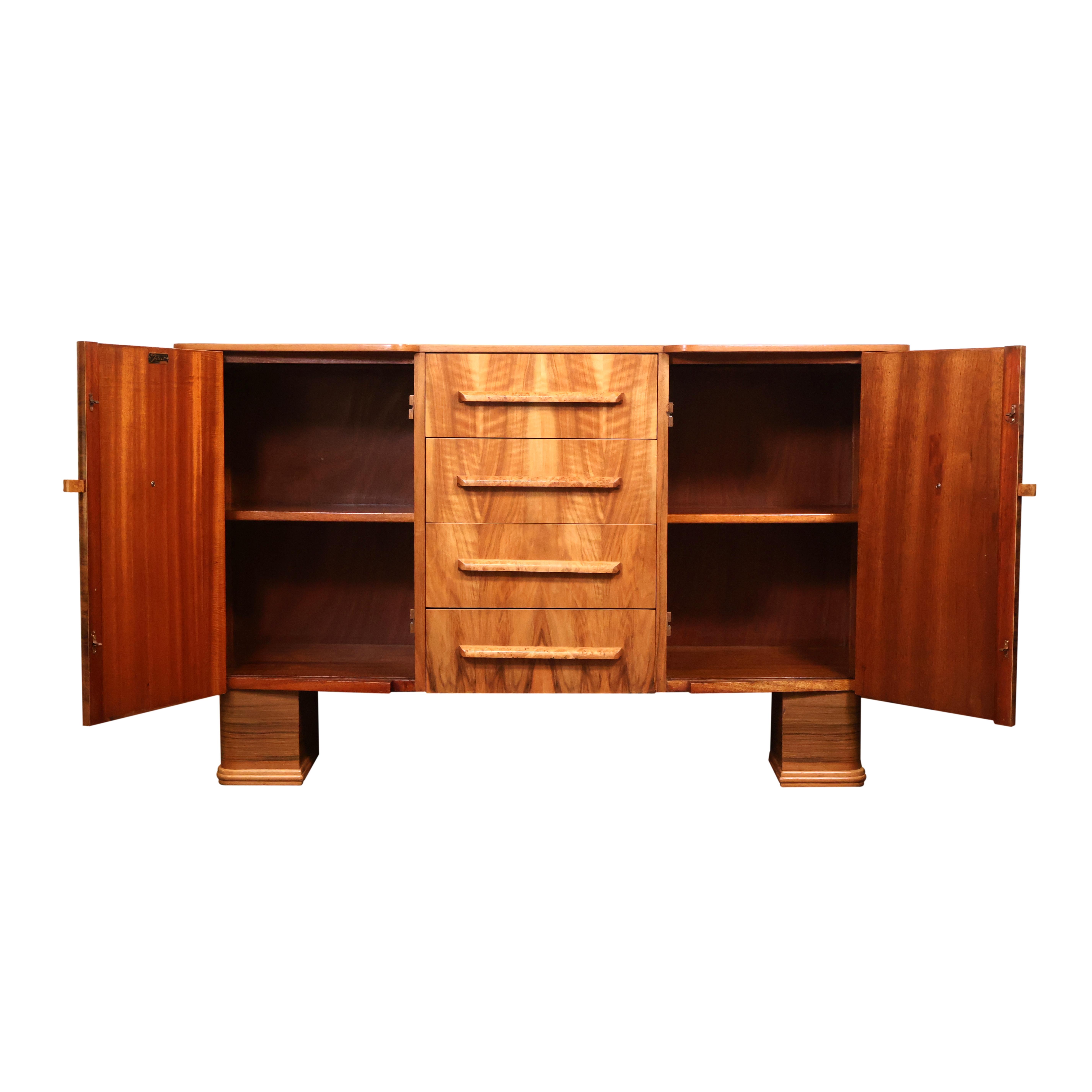 Art Deco Burl Walnut “Talent Series” Sideboard, Stamped F. H.