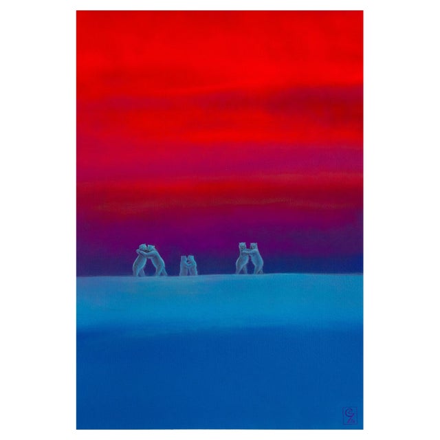 Dancing Bears at Dusk - Colorfield Surrealist Landscape, Acrylic on Paper, 2024 2024, 2010s For Sale