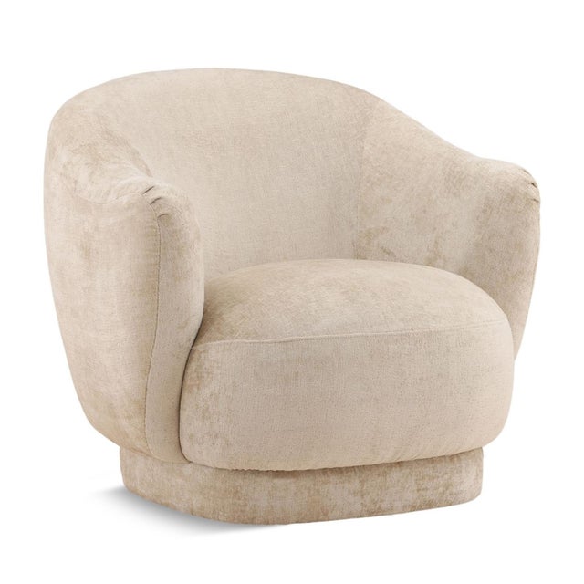 Modern rounded accent chair upholstered in cozy velvet chenille fabric. Beautiful light sand color. Seat height is 17.5"....