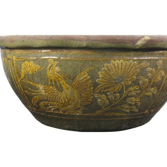 Large Vintage Glazed Earthenware Planter With Hand Painted Mystic Birds and Plants For Sale In Greensboro - Image 6 of 8