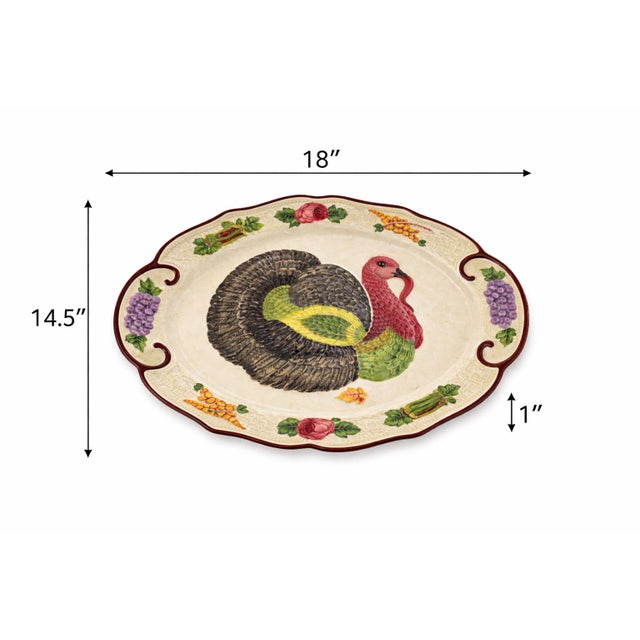 A beautifully detailed vintage California ceramic turkey platter, hand-painted in rich harvest tones and marked “Made in...