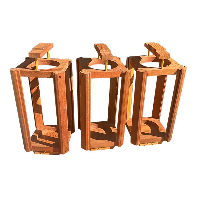 Vintage Mid Century Modern Handmade Wooden Candle Lantern Decoration - 3 pcs For Sale