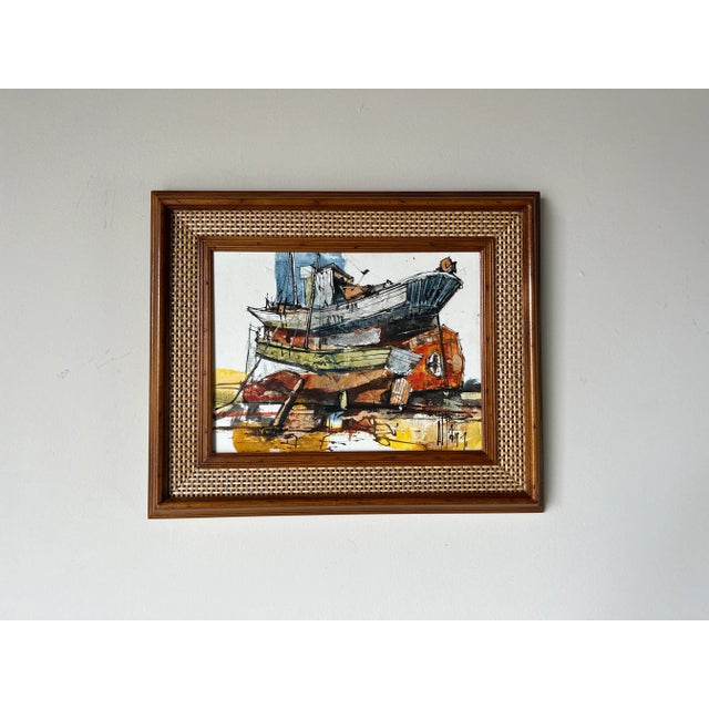 Vintage Boat in Harbor Oil Painting, Signed For Sale - Image 12 of 12