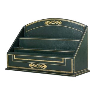 Vintage Leather-Style Letter Holder, Green and Gold Desk Organizer, Paper Sorter With Compartments, Classic Office Decor For Sale