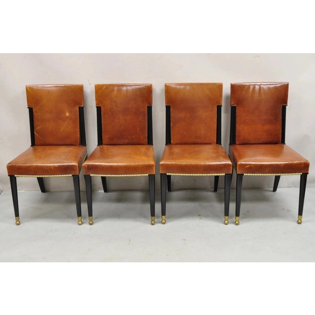 Art Deco Late 20th Century French Art Deco Style Brown Leather Ebonized Frame Dining Chairs - Set of 8 For Sale - Image 3 of 18