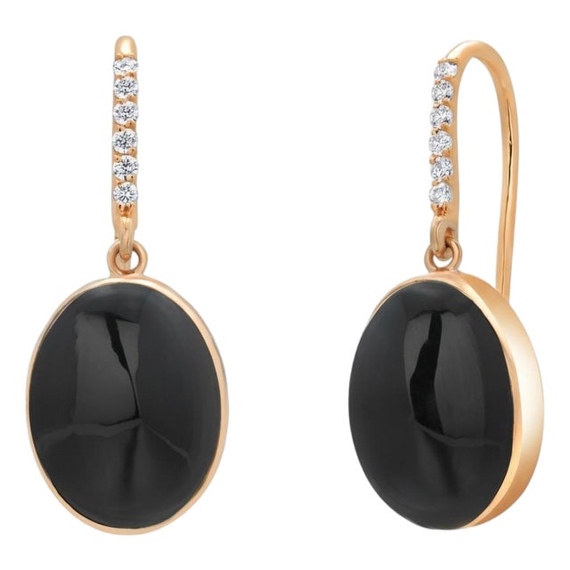 Bold 14k Yellow Gold Black Onyx 20 Carat Diamond Hoop Dangle 1.5 Inch Earrings, A Pair For Sale