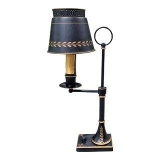 Vintage Tole Style Library Desk Lamp With Leviton Lighting Mechanism and Gold Hand Painted Decorative Elements For Sale
