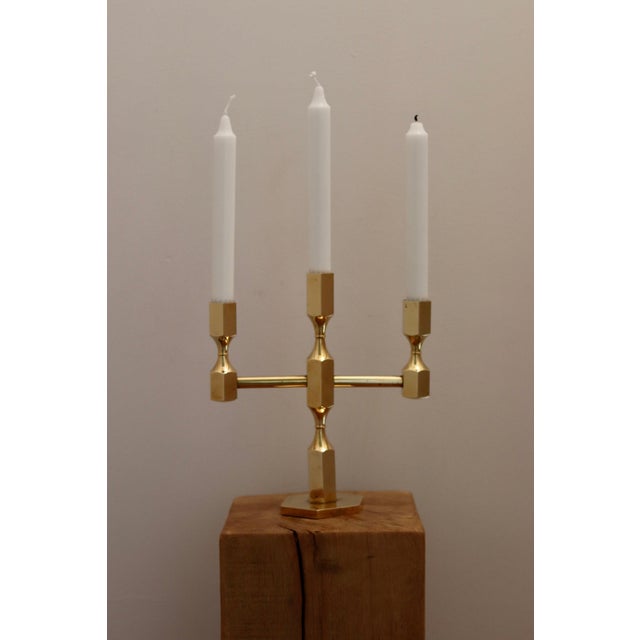 Metal Vintage Swedish Brass 3-Arm Candelabra from Gusum, 1970s For Sale - Image 7 of 8
