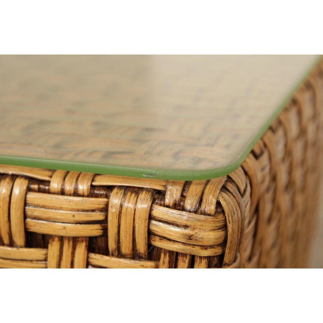 1980s Woven Wicker Square Glass Top Side Table For Sale - Image 9 of 13