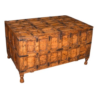 Vintage Storage Chest, Indian Pine Pithara Trunk, Colonial Revival, Coffee Table For Sale
