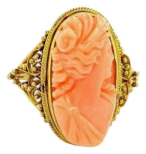 Carved Coral Cameo 18k Yellow Gold Ring, Size 4