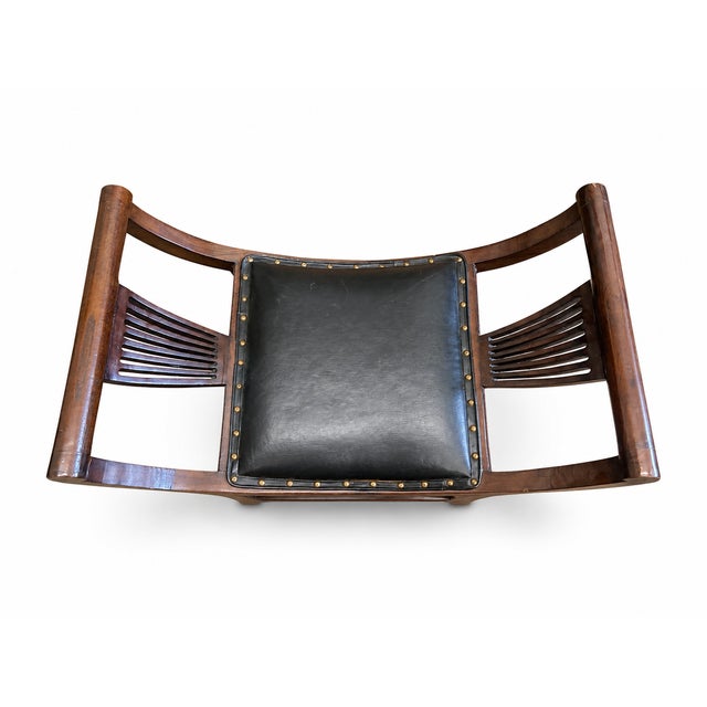 Mid 20th Century Vintage Campaign Style Saddle Bench Stool With Black Leather Seat & Nailhead Trim For Sale - Image 5 of 7